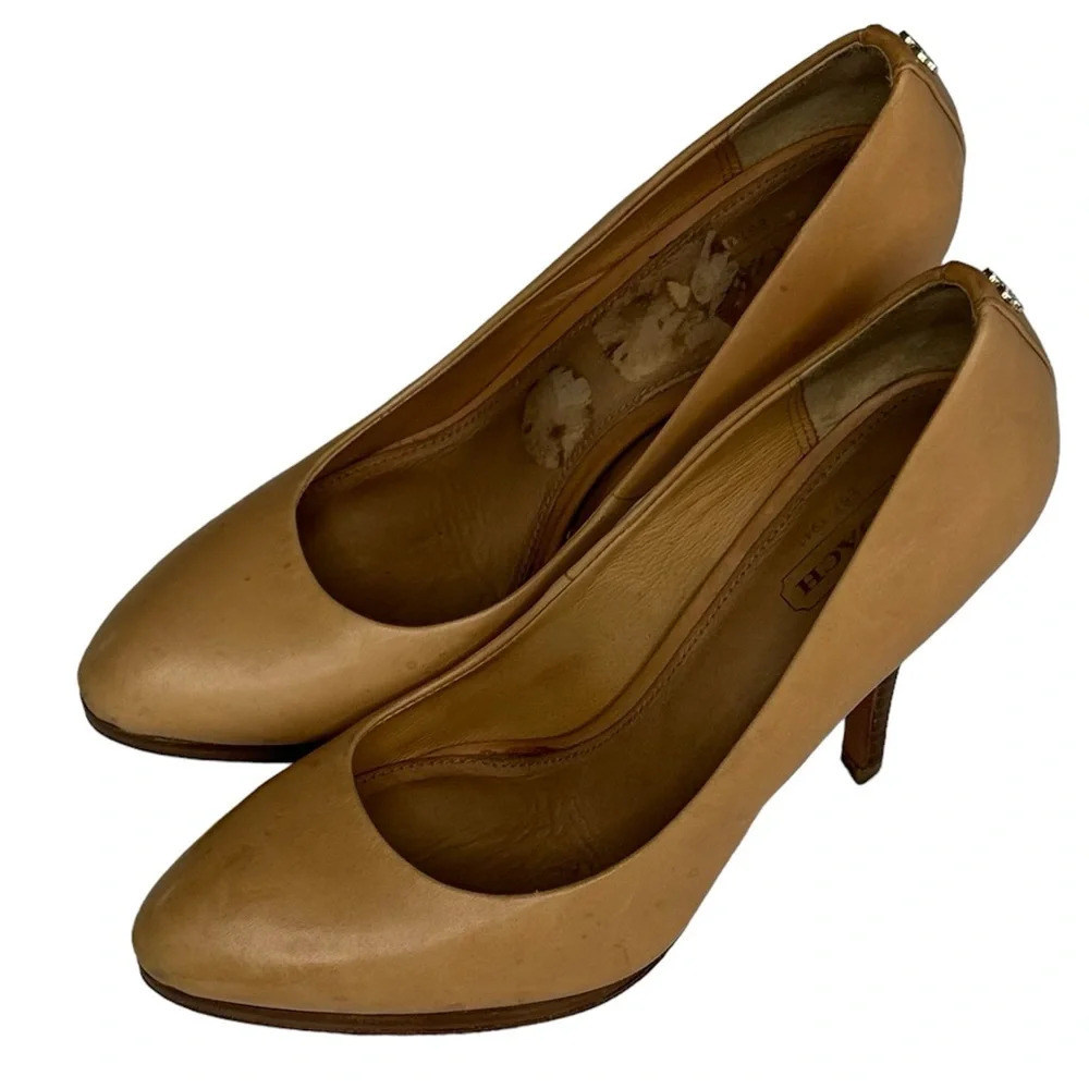 Coach Tan Leather Round Closed Toe wood  High Heel Pump Shoe Sz 6 neutral colour